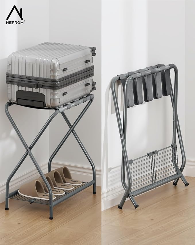 Set of 2 Foldable Gray Luggage Rack Stands with Storage Shelves – Heavy Duty Metal Suitcase Holders, 150 lbs Top, 50 lbs Bottom Each, Fits 20”-28” Luggage – Guest Room, Bedroom, Hotel LR-GY-2