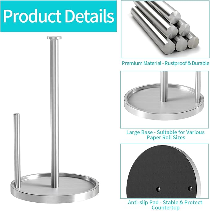 Paper Towel Holder Countertop, Standing Paper Roll Holder with Anti Slip Weighted Base, Stainless Steel Freestanding Paper Towel Holder for Kitchen, Silver