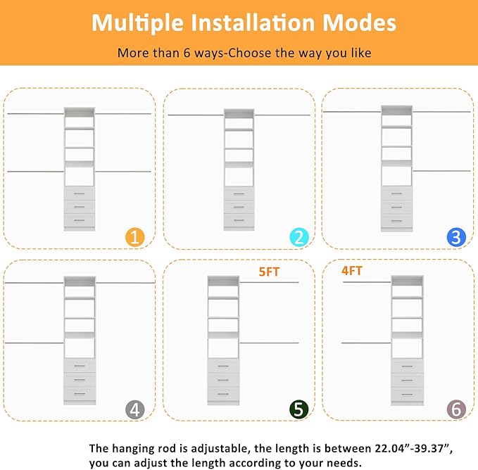 Closet System, 5FT-9FT Closet Organizer System with 4 Expandable Hanging Rods and Moveable Shelves, 115" Walk in Closet System with 3 Wooden Drawers, Custom Built in Closet, Wall Mount