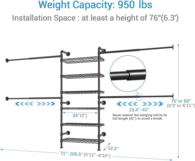 Timate S3X Expandable Wall Mounted Clothes Rack with 6 Adjustable Shelves & 4 Expandable Hanger Rods, Heavy Duty Industrial Pipe Clothing Rack for Hanging Clothes, Fits Spaces 5'11"- 8'10", Black