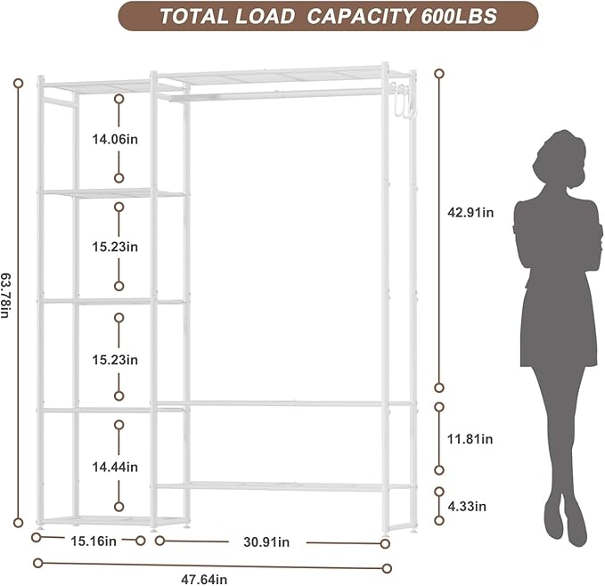 Neprock Clothing Racks for Hanging Clothes with Shelves, Portable Closet System Organizer Garment Rack for Clothes Storage, Metal Free Standing Wardrobe Clothes Organizer(White)