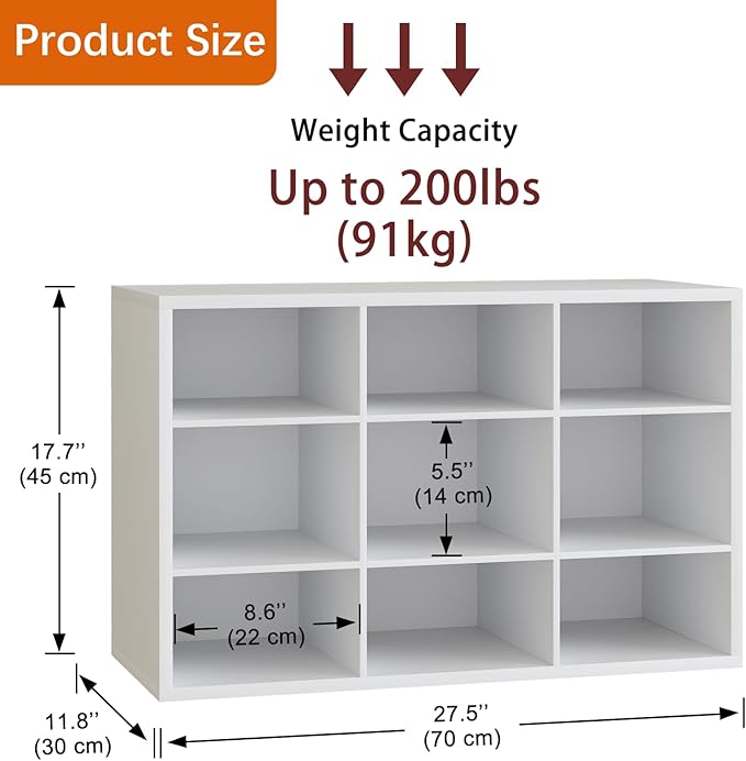 Garden 4 you Shoe Storage Bench, Cubby Shoe Rack with 9 Cubbies, 3-Tier Wood Shoe Rack Organizer, Shoe Organizer Cabinet for Entryway, Hallway, Closet and Garage, White