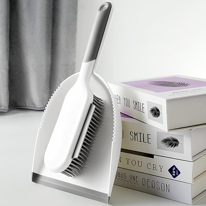 Multi-use Cleaning Brush and Broom Dustpan Set, 2pcs Mini Sweeping Tools with Bed and Desktop Brush for Home Dust Removal, White and Grey Handheld Cleaning Accessories