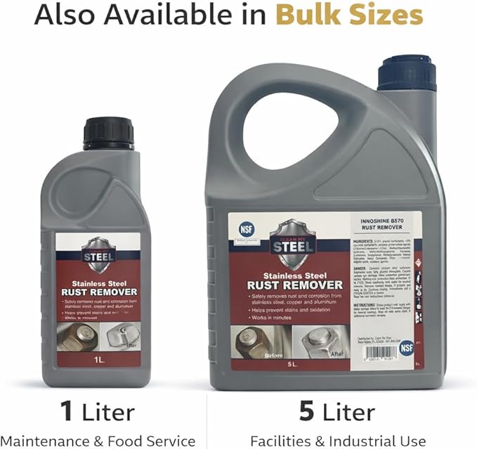 Innoshine B570 Stainless Steel Rust Remover and Stain Cleaner | NSF Approved | Non-Toxic & Food Safe | Quickly Cleans Commercial Equipment, Appliances, Grills, Sinks, and Tools - 1 liter