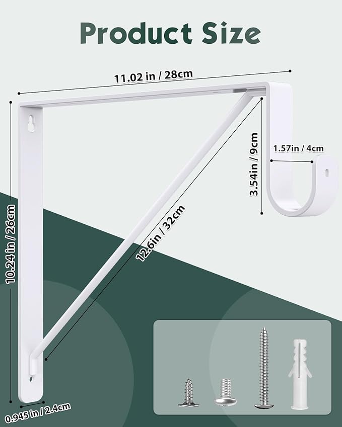 Supforce 2 Pack Closet Rod Bracket, Heavy Duty Closet Rod Support with Rod Holder, Wall Mounted Closet Shelf Brackets with Triangle Stabilizing Design for Closet, Bathroom and Kitchen, White