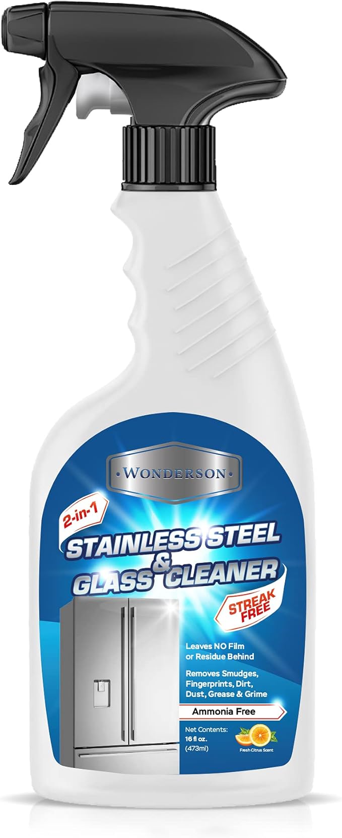 Wonderson 2-In-1 Stainless Steel & Glass Cleaner 16 Ounces - For Use On Appliances, Countertops, Sinks, Stovetops, Dishwashers, Windows, Bathrooms, Cars, & More!