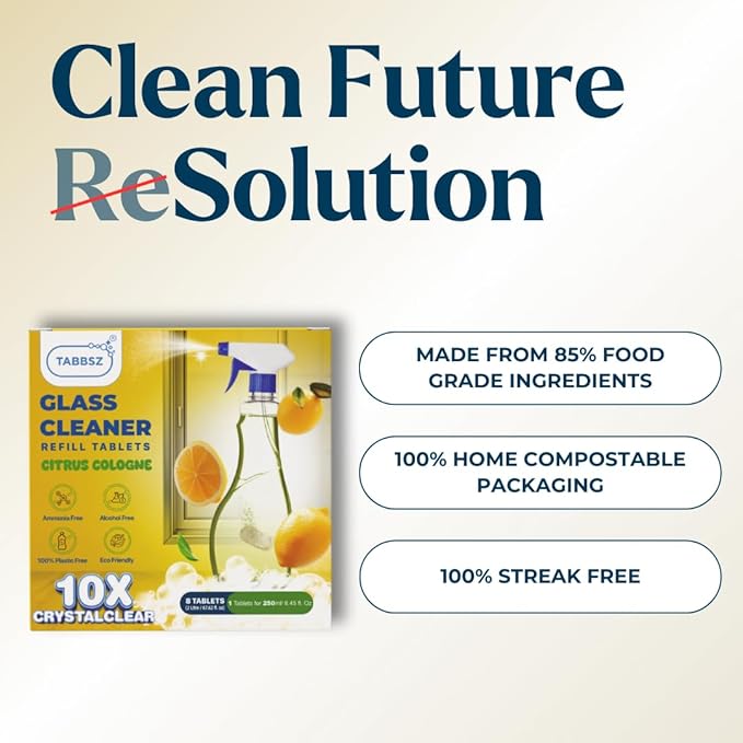 Glass Cleaner Refill Tablets | Plant-Based Streak-Free Window & Mirror Cleaner | Non-Toxic & Eco-Friendly Cleaning Solution | Plastic-Free Packaging | Citrus Cologne - Pack of 16
