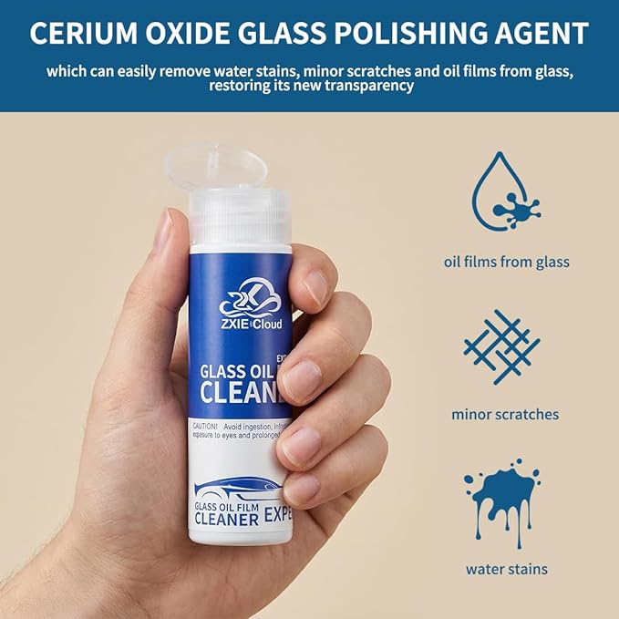 Glass Polish kit,6.76Fl Oz cerium oxide glass polish compound with polishing brush,glass scratch remove,Oil Film Cleaner,Glass Cleaner, Removes Stains and Water Spots, for Cars Glass and Mirror
