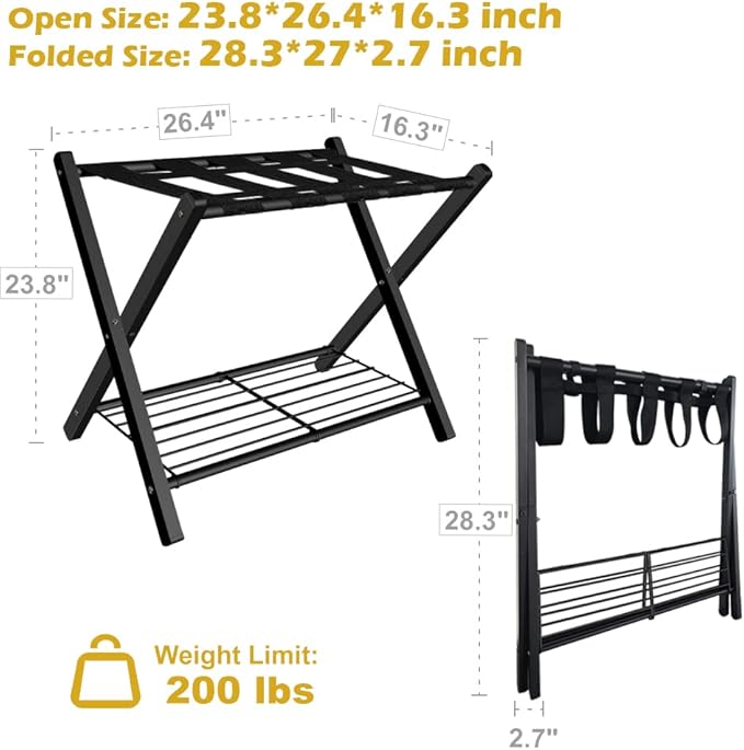 mocomax 1 Pack Folding Luggage Rack for Guest Room, Foldable Suitcase Stand Holder with Metal Storage Shelf for Bedroom, Living Room, Hotel Essentials, Heavy Duty Steel Frame, Black