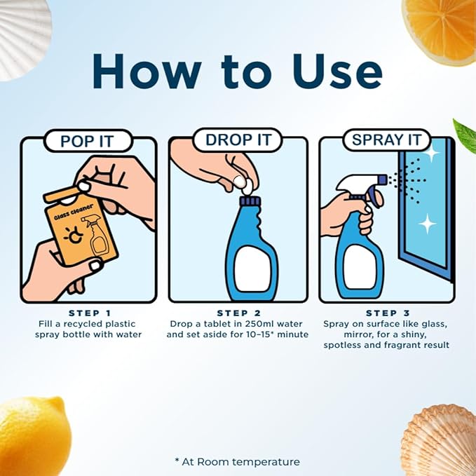 Glass Cleaner Refill Tablets | Plant-Based Streak-Free Window & Mirror Cleaner | Non-Toxic & Eco-Friendly Cleaning Solution | Plastic-Free Packaging | Ocean Mist - Pack of 16