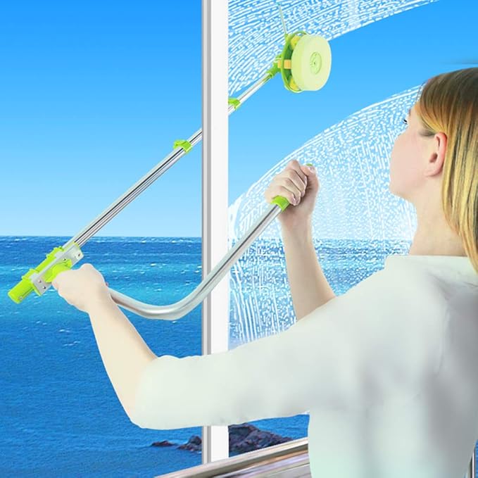 Window Cleaning Tool U Shaped Window Cleaner for External Window Washer with Telescopic Pole, Angle Adjustable Sponge Head and Squeegees