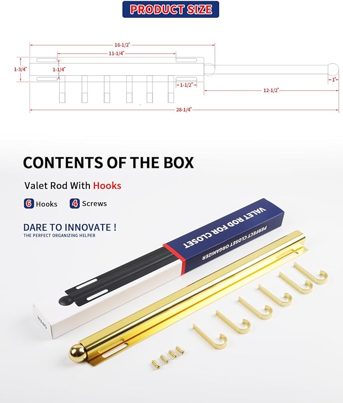 BaiNong 16.5 inch Valet Rod for Closets Pull Out Closet Valet Rod Slide Out Extra long Gold Valet Rods for Closets With 6 Hooks
