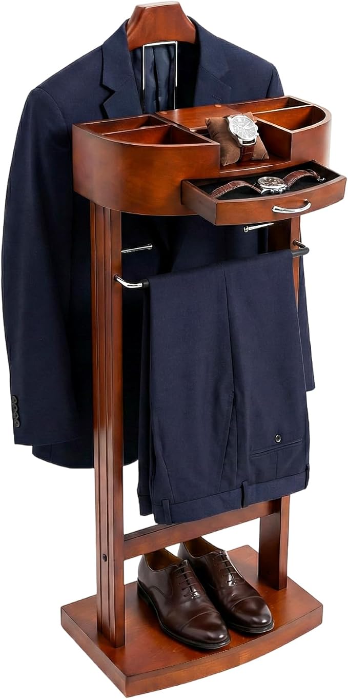TFCFL Wooden Suit Rack with Drawer & Trouser Holder, Multi-functional Coat Stand for Hats/Scarves/Belts, Space-Saving Standing Suit Valet Stand for Home/Office, 22lbs Load Capacity (Brown)