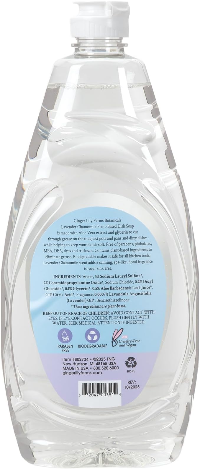 Ginger Lily Farms Botanicals Plant-Based Liquid Dish Soap, Concentrated Formula with Max Grease Cleaning Power, Cruelty-Free, Lavender Chamomile Scent, 24 Fl Oz (Pack of 8)