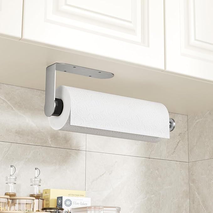Mbillion Under Cabinet Paper Towel Holder for Kitchen, RV & Camper - Waterproof, Anti-Rust Wall Mount with No Drill Installation, 5.71” Compact Design (Brushed Silver)