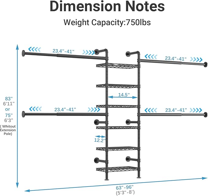 Timate S3X Medium Expandable Wall Mounted Clothes Rack with 6 Adjustable Shelves & 4 Expandable Hanger Rods, Heavy Duty Industrial Pipe Clothing Rack for Hanging Clothes, Fits Spaces 5'3"- 8', Black