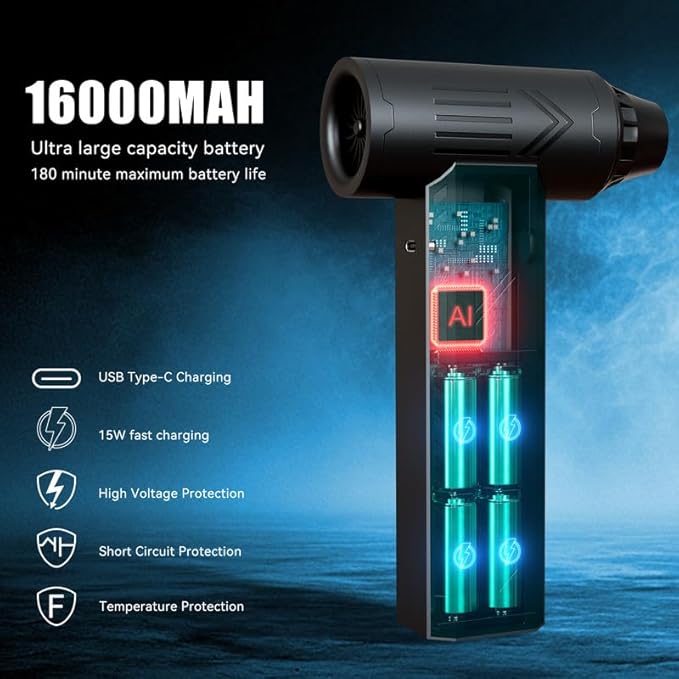 Compressed Air Duster 480000RPM Electric Air Duster Variable Speed 580G 4 Gear Adjustable Rechargeable Cordless Jet Dry Blower Turbo Fan Dryer Cleaning Air Blower Mini Car Vacuum Cleaner Black Knight