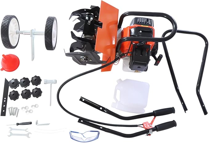 Gas Powered Garden Tiller, 43Cc 2 Stroke Mini Tiller for Gardening, Garden Yard Rototiller Tilling Cultivator Heavy Duty Gasoline Tiller with Goggles for Plow Turn The Soil, 1250W