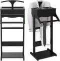 Wood Mens Valet Stand,Freestanding Suit Stand&Clothes Butler Valet Stand with Hanger,Tie&Belt Hooks,Shoe Rack,Storage Organizer for Keys,Watches,Wallet,Jewelry in Entrance,Bedroom (Styel 3, Black)
