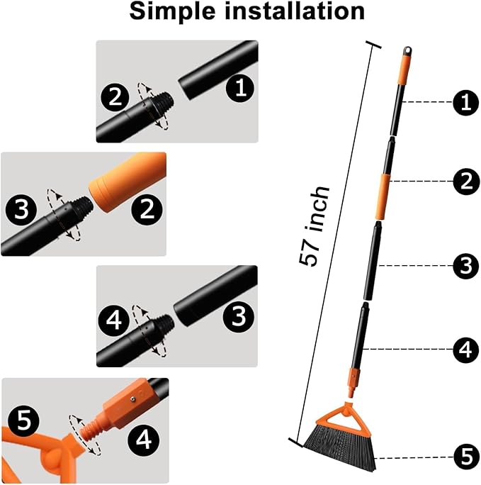 Heavy Duty Angle Broom 4 Pack - Orange Broom for Outdoor & Indoor, Garage, Driveway, Sidewalk, Kitchen & More, Long Handle