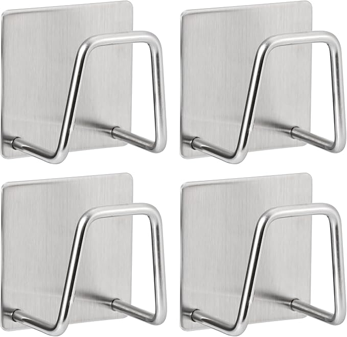 Adhesive Sponge Holder for Kitchen Sink, SUS304 Stainless Steel Scrubber Hanger Sink Caddy Accessories Storage Drain Rack Stand for Scratch Scrub Dishcloth Dishrag Steel Wool Strainer Stopper