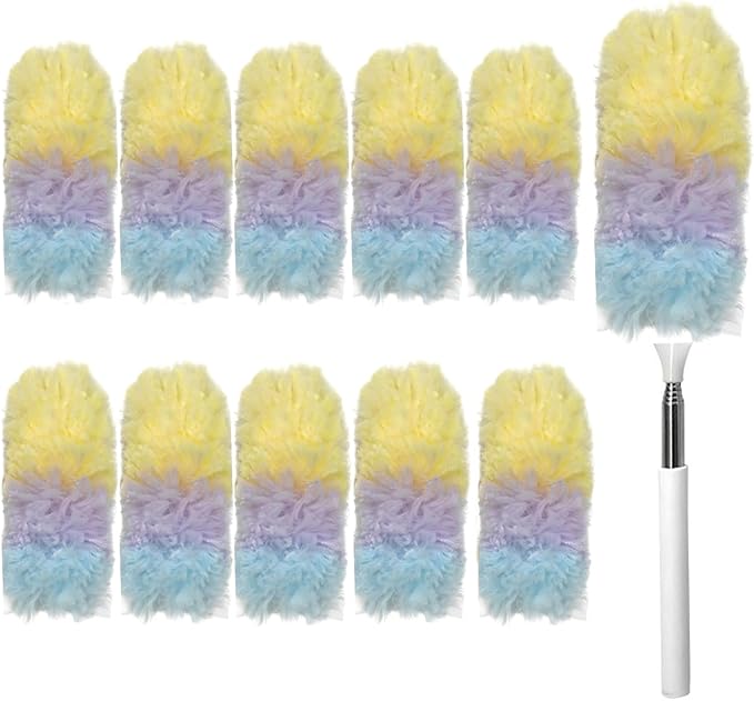 Heavy Duty Duster Refills, Disposable Dusters Kit for Cleaning Dusting Furniture Blind Ceiling Fan, Multi Surface 360 Feather Duster(10)+3FT Extended Handle（1） (Colorful)