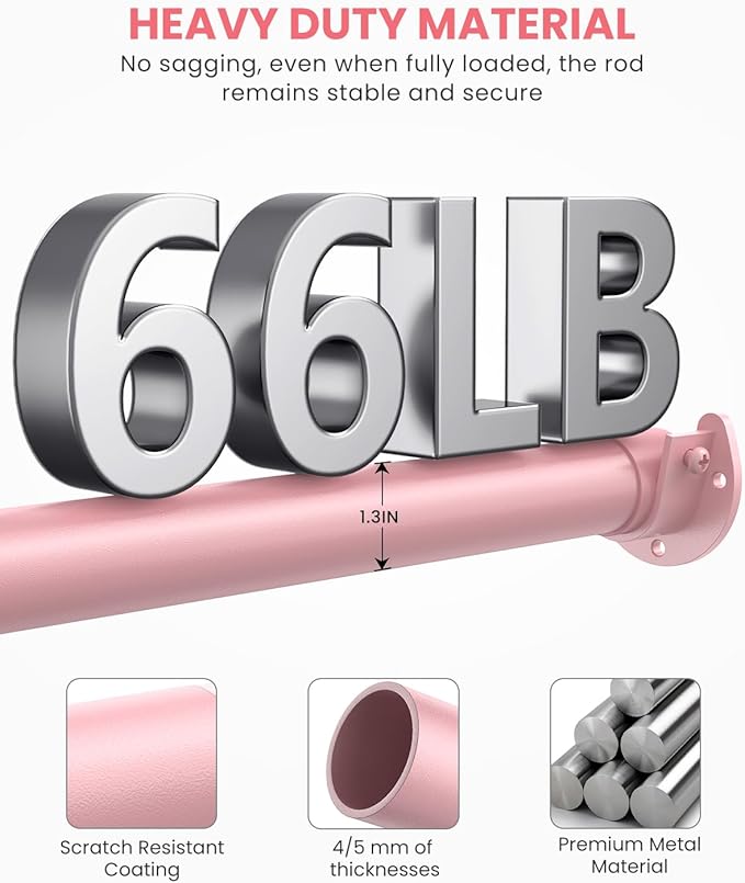 Supforce Closet Rods for Hanging Clothes, 17 to 84 Inches Stepless Adjustable Metal Closet Rod, 1.3 Inches Heavy Duty Clothes Hanging Rod for Closet Wardrobes Laundry RV, Pink