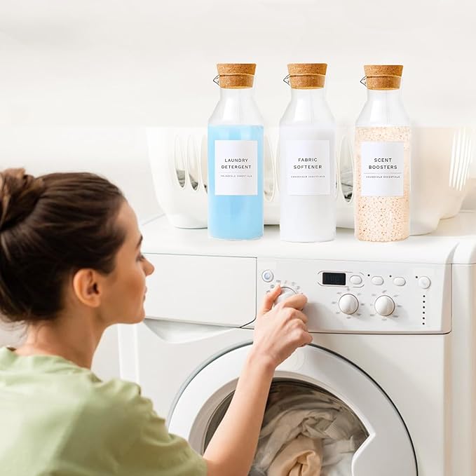 Glass Laundry Detergent Dispenser Set with Cork Lids, Fabric Softener Dispenser, Easy Pour 3 Pack Laundry Bottles, Liquid Detergent Containers, Scent Booster & Bleach Container for Laundry Room