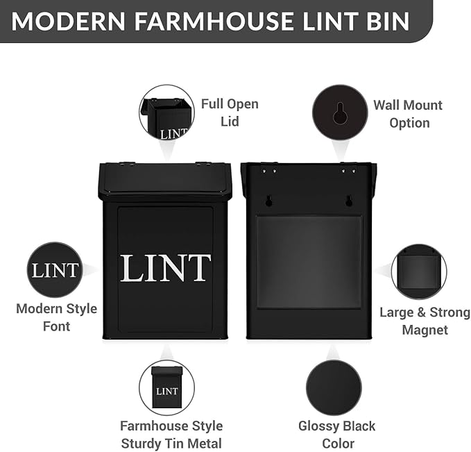 Calindiana Modern Farmhouse Metal Magnetic Lint Bin for Laundry Room Decor and Accessories with Lid and Laundry Room Organization and Storage Wall Mount Space Saving Washer and Dryer Trash Can (BLACK)