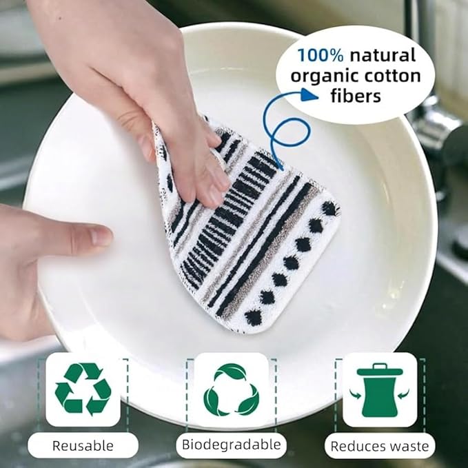 Amarelle GEN II Dish Washing Scrubbers (3-Pack), Made in Green Kitchen Scrubbers for Dishes, Non Scratch Pot & Pan Scrubber, Heavy Duty GOTS Organic Cotton Scouring Pads, Reusable (Metro Sketch)