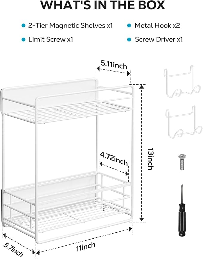 Nieifi 2 Tier Magnetic Shelves for Washing Machine, Magnetic Spice Rack for Refrigerator, Laundry Room & Kitchen Organizer Storage Baskets, White