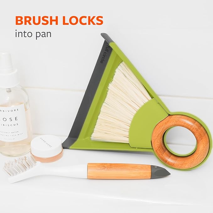 Full Circle Tiny Team Mini Brush & Dustpan Set - Compact, Countertop Cleaning, Kitchen, Desk, Crumbs - Green