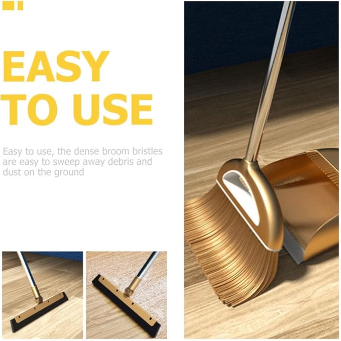GANAZONO Broom Dustpan Scraper Set Long Handle Stand Up Broom Combo Dustpan for Home Kitchen Room Office Lobby Floor