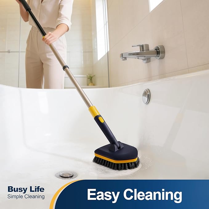 Yocada Tub Tile Scrubber Brush 2 in 1 Cleaning Brush 58.2 Inch Adjustable Telescopic Pole Stiff Bristles Scouring Pads for Cleaning Bathroom Kitchen Toilet Wall Tub Tile Sink Non Scratch