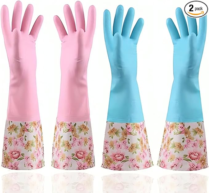 KINGFINGER Rubber Latex-Free Waterproof Dishwashing Gloves,2 Pair Medium Long Cuff Flock Lining Household Cleaning Gloves