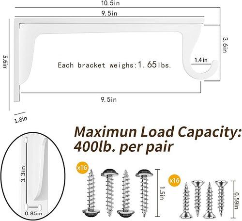 10 inch Closet Rod Bracket Support 400lb WYGWP Heavy Duty Closet Shelfs Support with Rod Holders, Wall Mounted Shelf Shelving Brackets with Hook for Wardrobe Walk-in Closet and Armoire(4pack White )