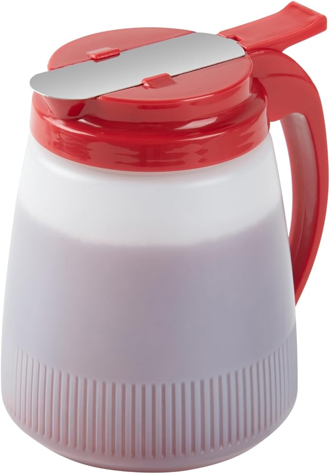 Restaurantware-Chef 101 32 Ounce All Purpose Syrup Dispenser, 1 Honey Dispenser - Red Top, Stainless Steel Slide Cover, Plastic Pancake Syrup Bottle, Perfect For Diners, Restaurants, Home