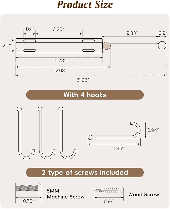 Supforce Valet Rod for Closets, 12" Valet Rod With 4 Hooks, Closet Organizer Slide Out Clothing Hanger Rods Extender Perfect for Suits,Dresses,Belt,Tie, Black