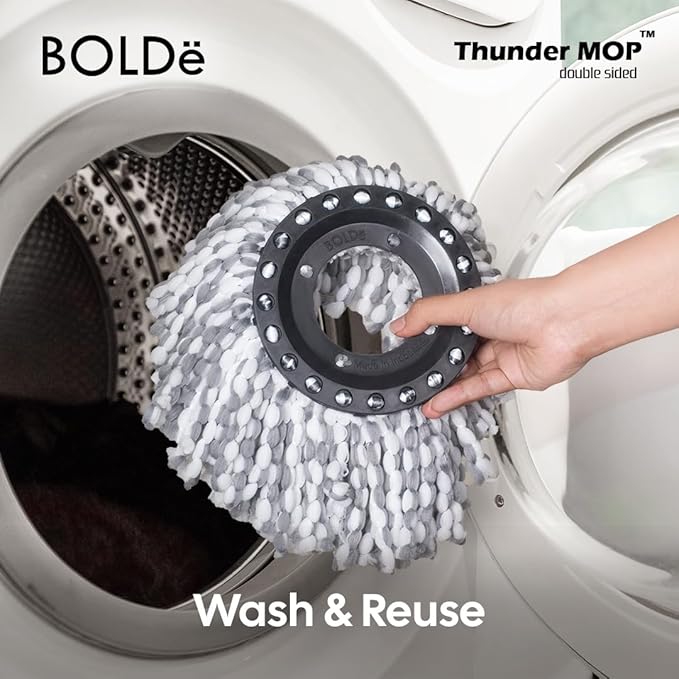 Thunder Mop Spin System - Double-Sided - 2 Compact Stackable 6L Buckets, Microfiber Head, Stainless Steel Wringer, Antifungal Quick-Dry Cleaning, Soap Dispenser, 3 Free Refills (Black/Pink)