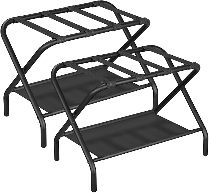 Smuxee Black Luggage Rack Pack of 2, Foldable Suitcase Stand with Fabric Storage Shelf, Luggage Holder with 4 Nylon Straps for Guest Room Bedroom Hotel
