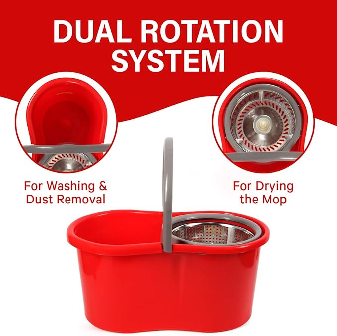 Spin Mop and Bucket with Wringer Set, 360° Spinning Mop and Bucket System with Double Cotton Tip Replacement Heads and Stainless Steel Adjustable Handle for Floor Cleaning (20QT)