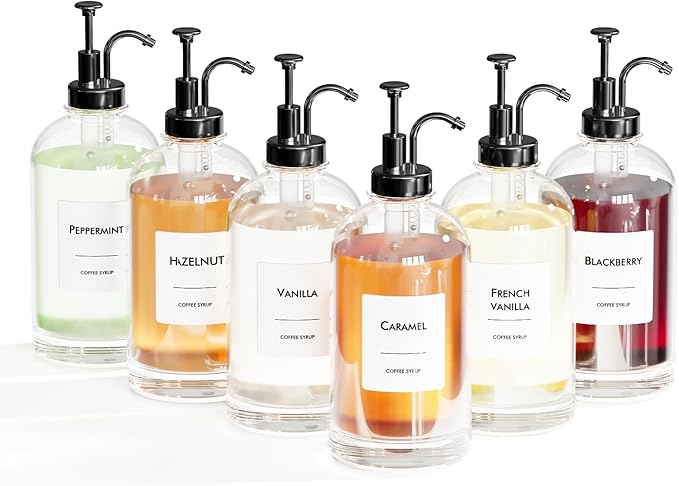 16.9 oz/500 ml Coffee Syrup Dispenser Set - 6 Glass Bottles with Black Pumper and Syrup Labels - Precise Dispensing and Stylish Addition to Coffee Shop, Cafe or Home Bar