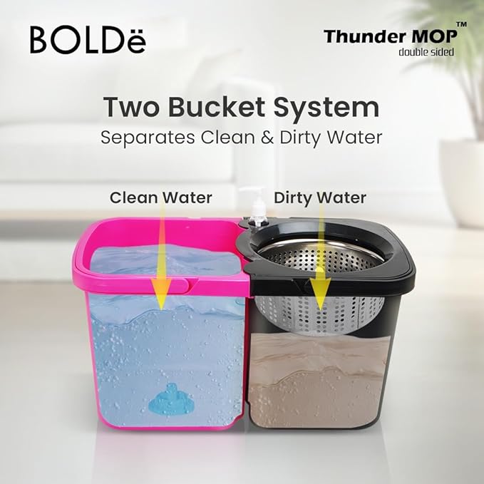 Thunder Mop Spin System - Double-Sided - 2 Compact Stackable 6L Buckets, Microfiber Head, Stainless Steel Wringer, Antifungal Quick-Dry Cleaning, Soap Dispenser, 3 Free Refills (Black/Pink)