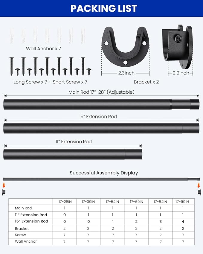 Supforce Closet Rods for Hanging Clothes, 17 to 39 Inches Stepless Adjustable Metal Closet Rod, 1.3 Inches Heavy Duty Clothes Hanging Rod for Closet Wardrobes Laundry RV, Black