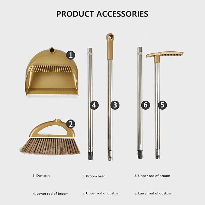 Broom and Dustpan Set with Long Handle - Dust Broom and Dustpan Combo, Lightweight Robust Kitchen Brooms Dustpans, Ergonomic Duster Tool Cleaning Gadgets, for Home, Kitchen, Offices, Pet Hair, Gold
