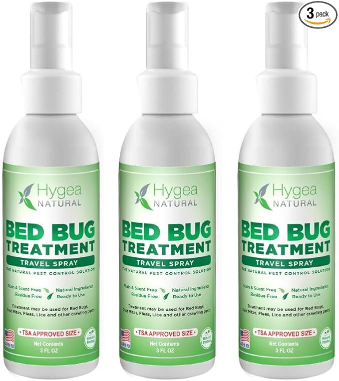 Hygea Natural Lice, Mite, and Bed Bug Natural Travel Spray - TSA Approved 3 oz Size Bottles - Child & Pet friendly - Stain & Odor Free - For Hotels, Suitcase, Backpack, Shoes - Bed Bug Spray (3 Pack)