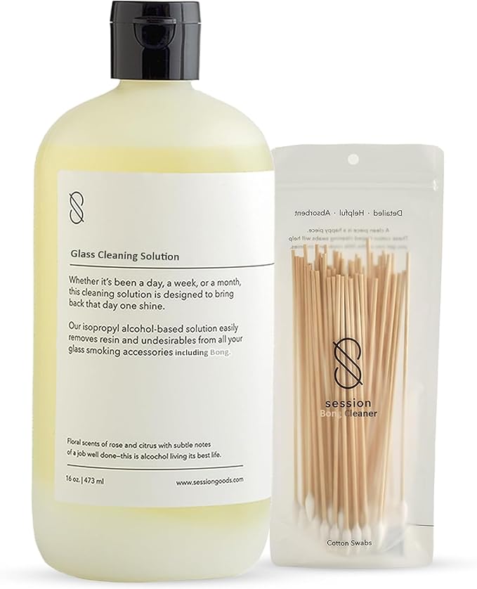 Session Goods Glass Cleaning Solution 16Oz (Scented) - Glass Pipe Cleaner with Cotton Swabs, Water Pipe Cleaner Cleans Metal, Silicone, Ceramic, & Resin Remover, Destroy Wax, Oil & Stinky Debris