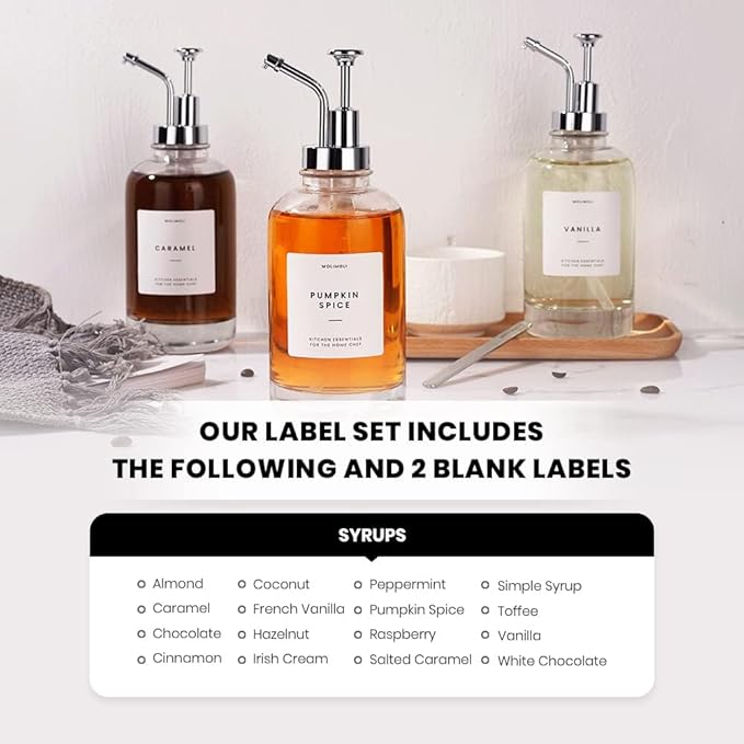 Molimoli Coffee Syrup Dispenser for Coffee Bar, Pump Dispenser, Glass Syrup Bottle w. Upgraded Pump, 16.9 oz 500 ml, Set of 2, Silver