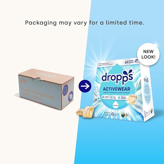 Dropps Activewear Laundry Detergent Pods, Unscented (64 Count) - Free & Clear | Fights Sweat & Body Odors | For Synthetic Workout Clothes | Clean Ingredients | Plastic Free Packaging