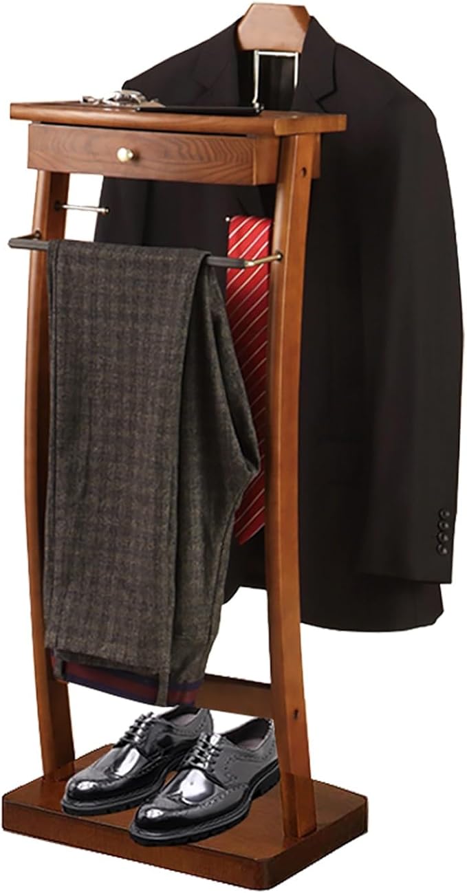 Wood Clothes Valet Stand with Tray, Floor Standing Suit Valet Stand with Drawers and Front Trouser Rack, Men's Valet Stand, for Living Room Office Dressing Room 44.4x30x112.2 cm (Walnut)